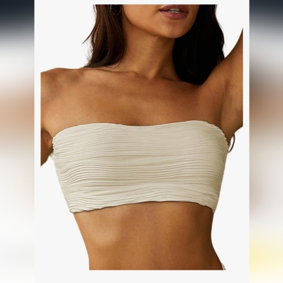 ZAFUL Women Textured Bandeau Bikini Top Lace up Strapless Swimsuit Solid Color 6 - Picture 3 of 12